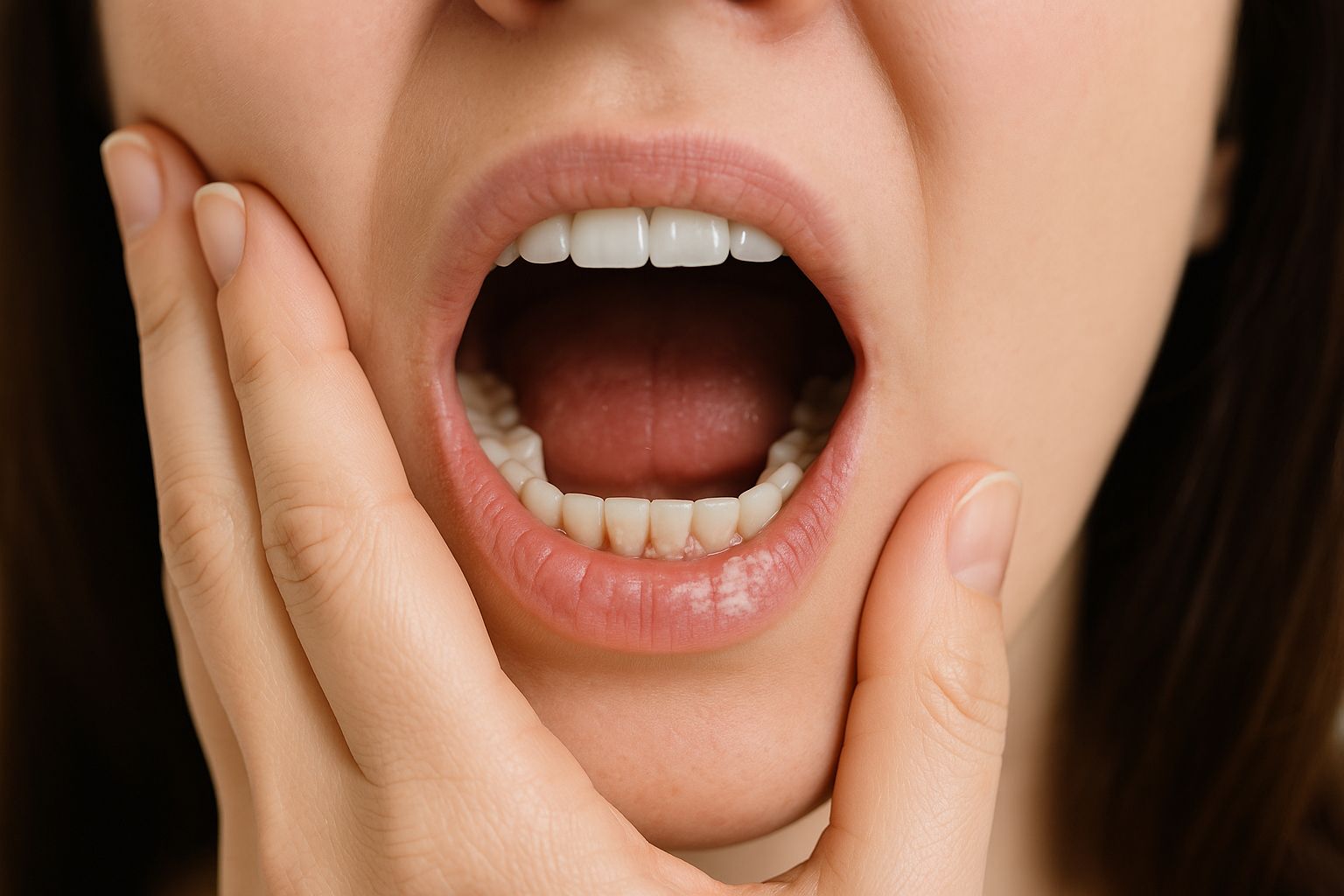 Nærbilde av en åpen munn som viser hvitaktige flekker, tegn på trøske.