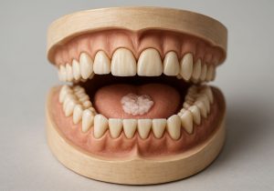 Illustrasjon av en munn med tannbørste og tannkrem